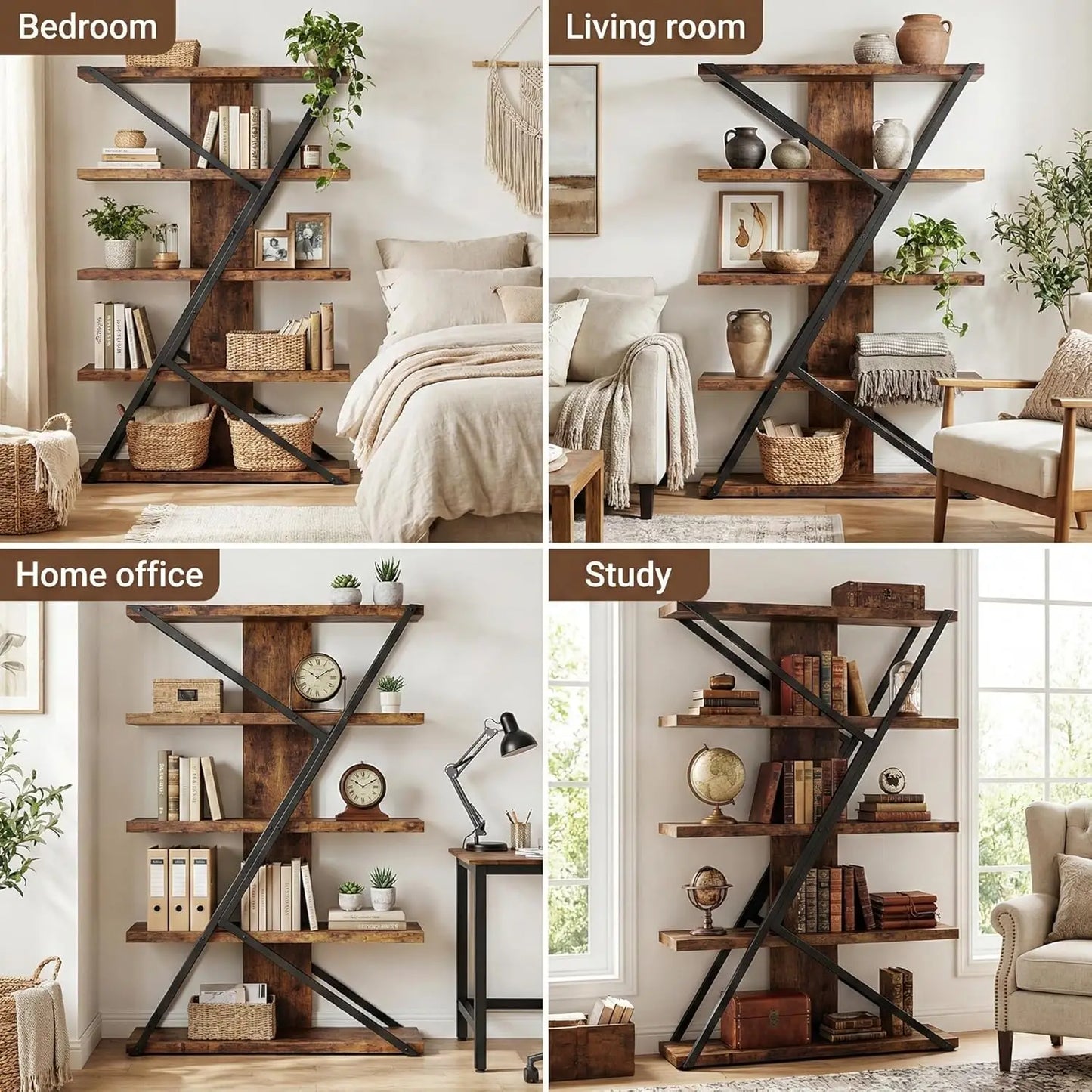 Industrial Rustic 5-Tier Wood and Metal Bookshelf Display