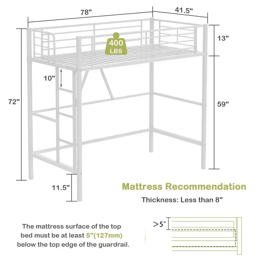 XMSJ Metal Loft Bed, Heavy Duty Guardrail With Removable Ladder