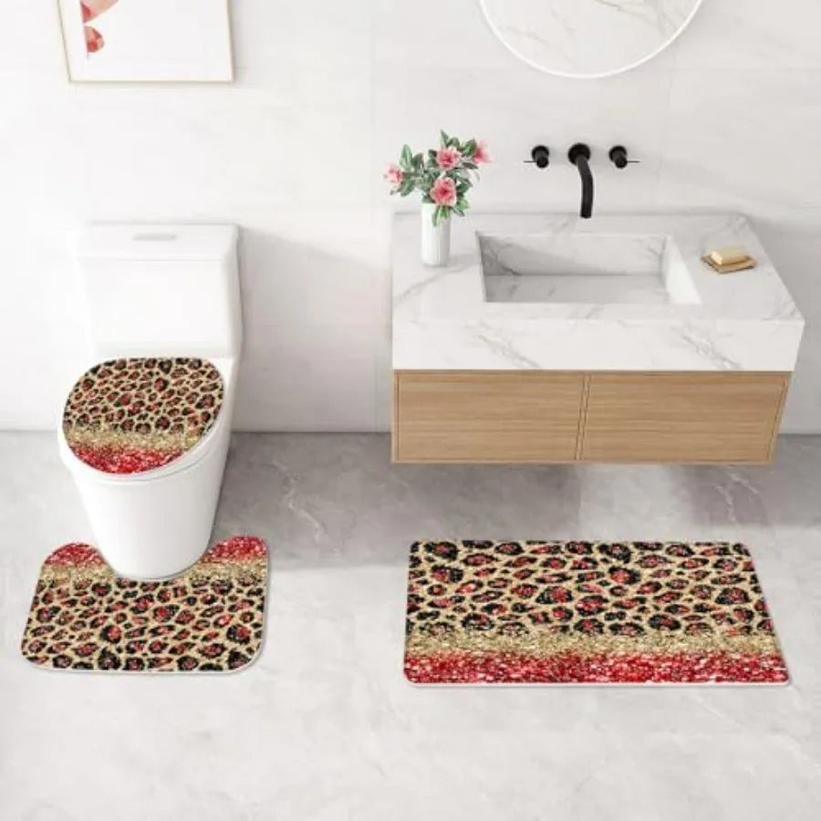 Leopard Print Shower Curtain Set With Non Slip Bath Mats