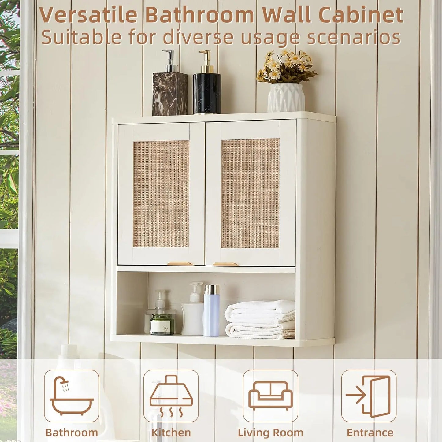 Rattan Bathroom Wall Cabinet Over Toilet Storage Organizer