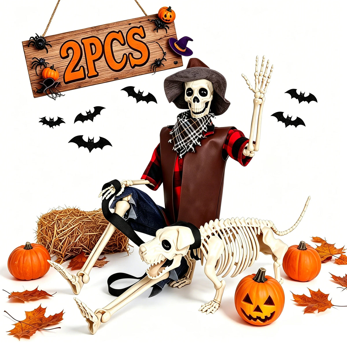 Posable Halloween Skeleton And Dog Outdoor Cowboy Decorations