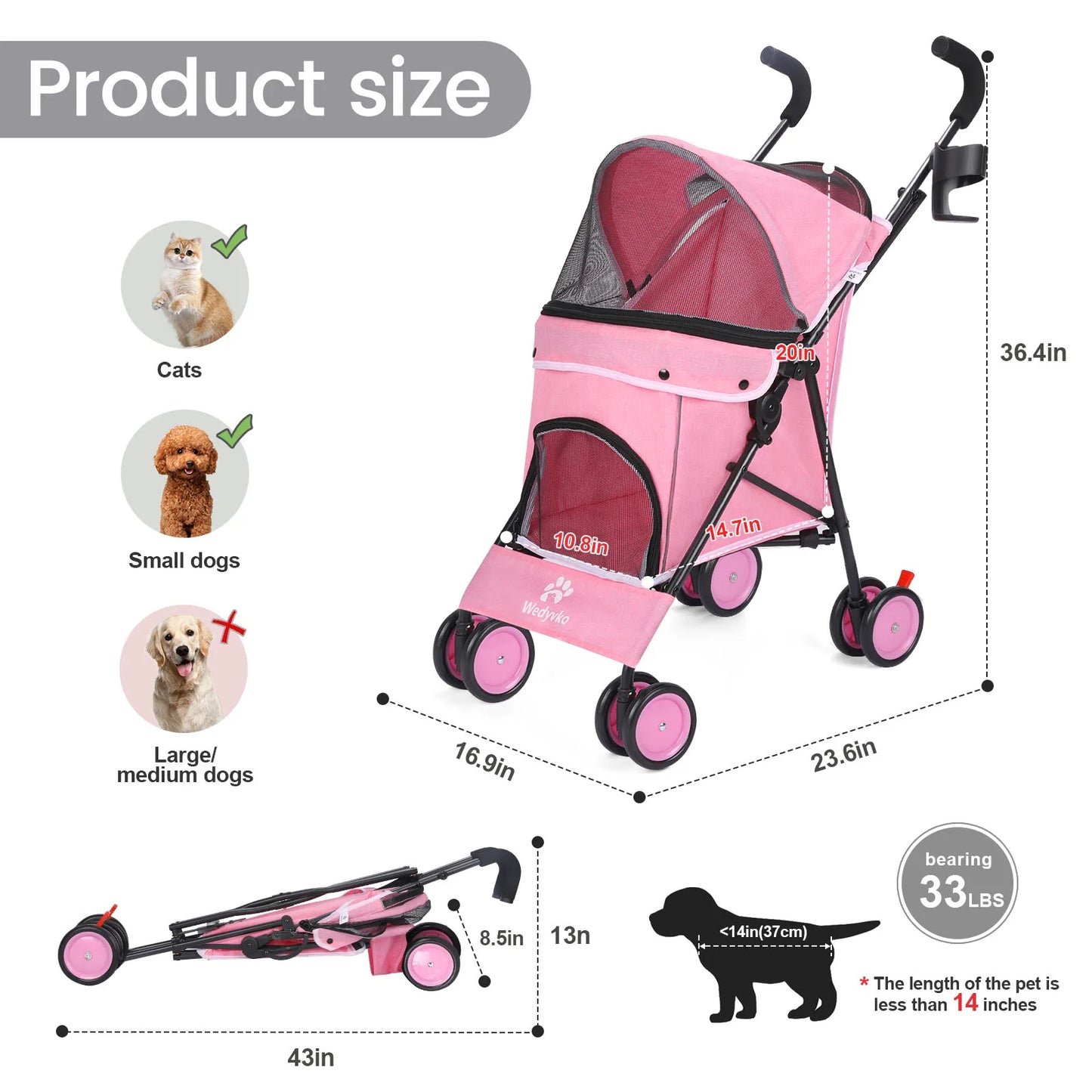 Wedyvko Pet Dog Stroller With Brakes And Storage For Travel