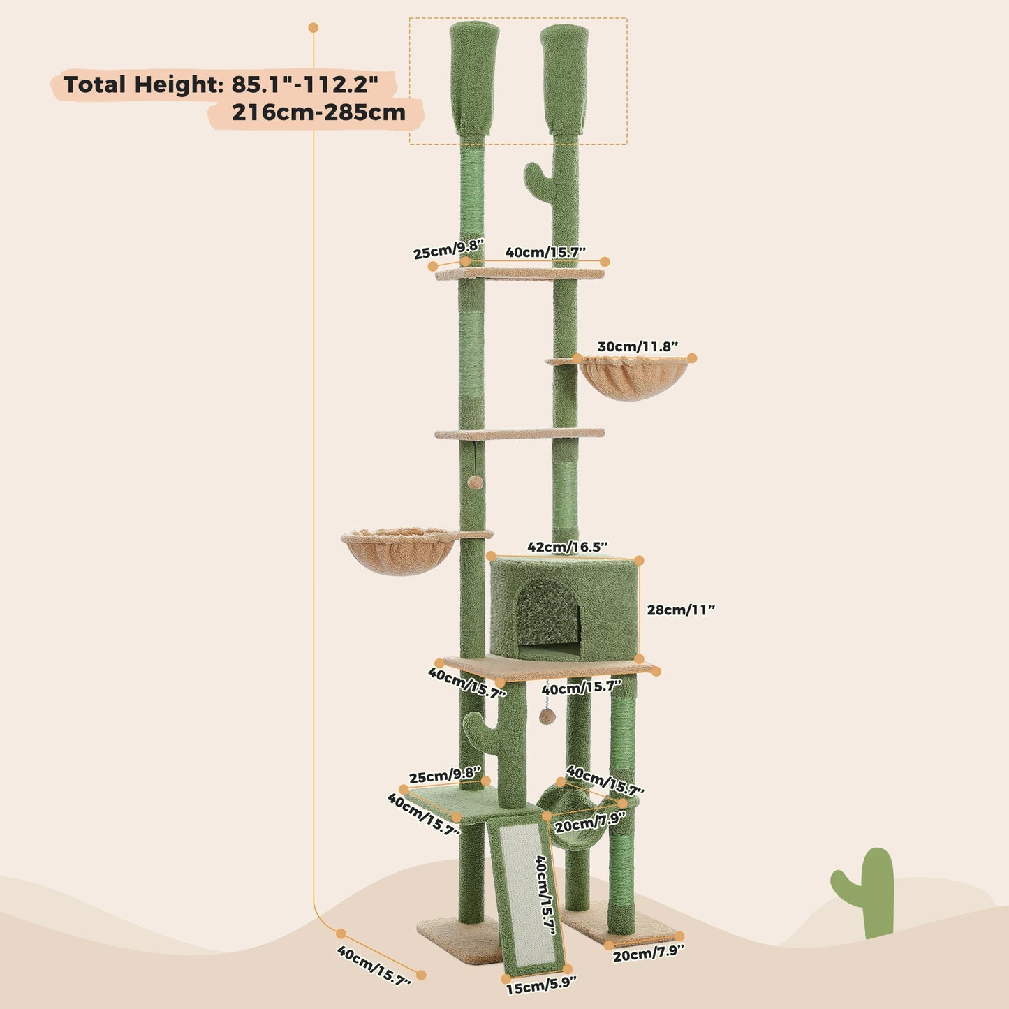 PAWZ Road Cactus Cat Tree Floor To Ceiling Cat Tower With Hammocks