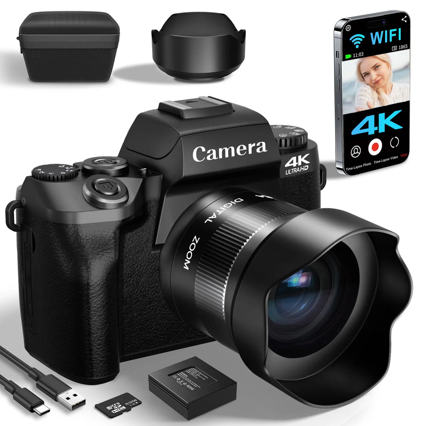 Gavonde 4K 64MP WiFi Vlogging Digital Camera With Flash