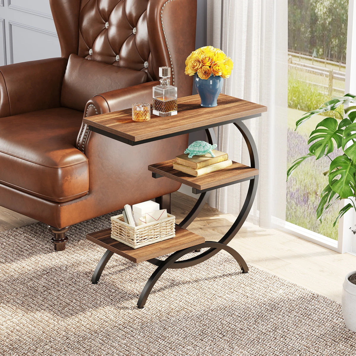 Tribesigns C Shaped Industrial End Table With Storage Shelves