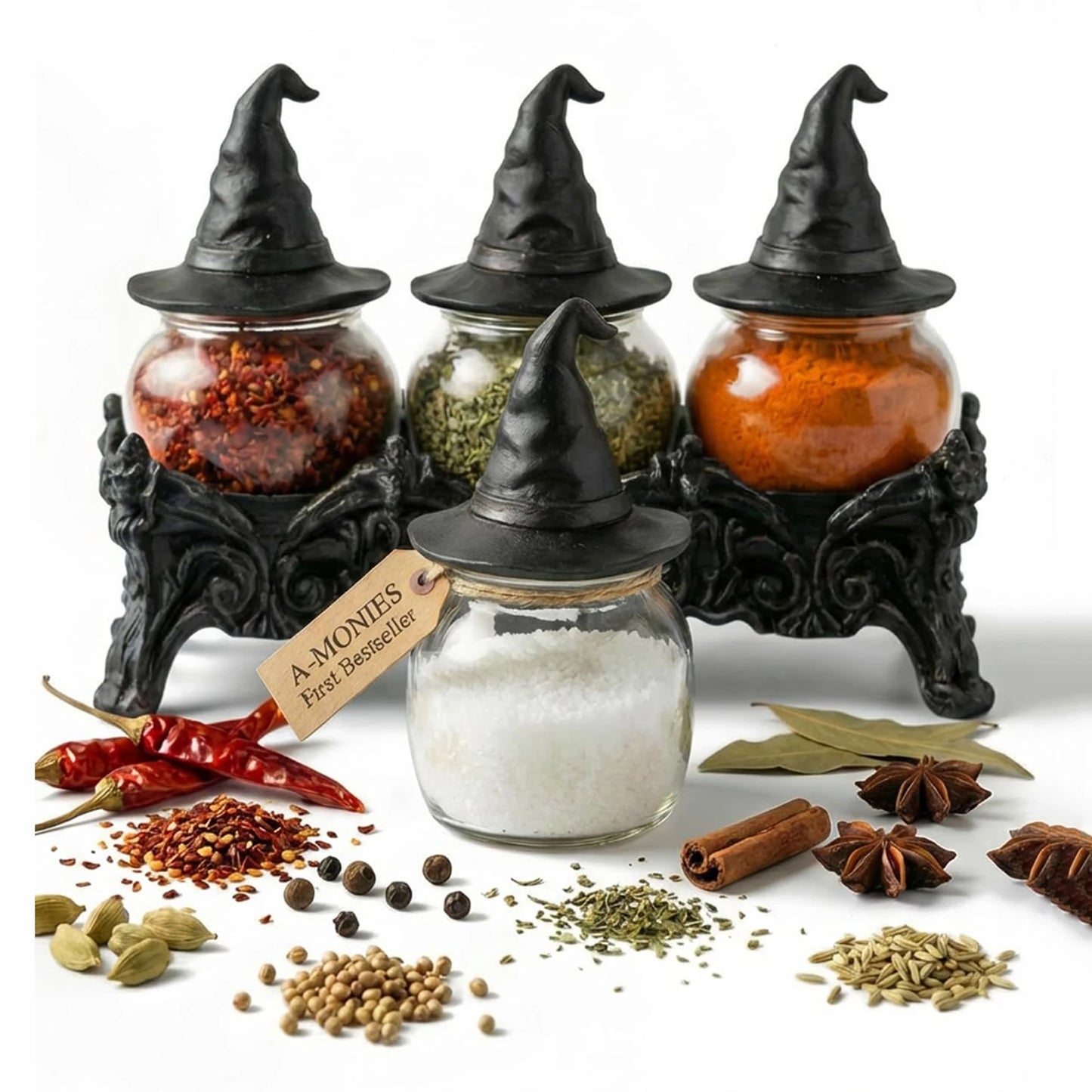 Apothecary Spice Jars Set With Witchy Hat Lids Witchcore Kitchen