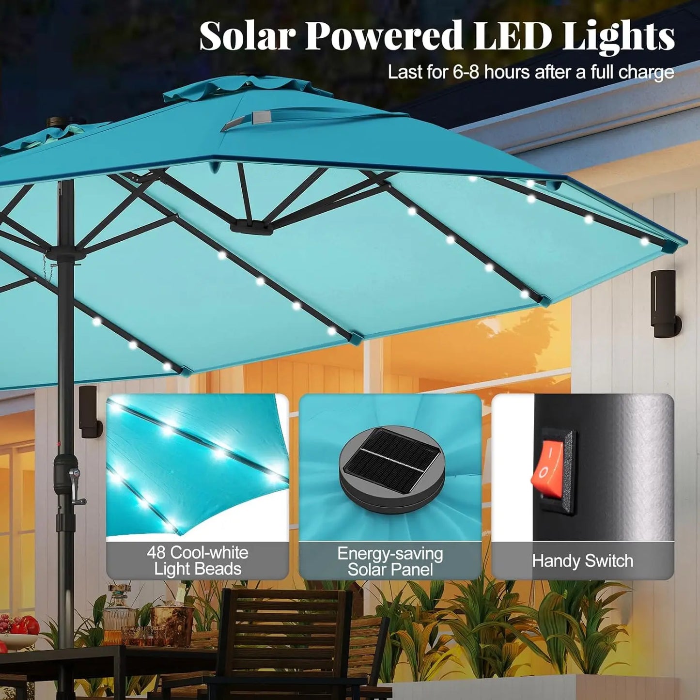 Double-Sided Solar Patio Umbrella With 48 LED Lights And Vented Top