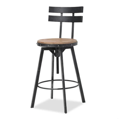 Rustic Antique Barstool With Firwood Seat And Smooth Metal Back