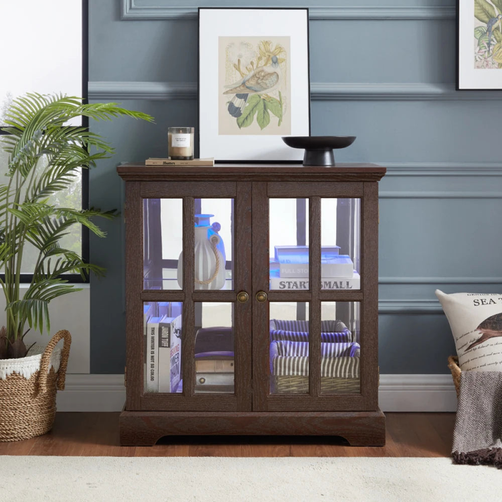 LED Curio Display Cabinet With Adjustable Shelves And Lattice Doors