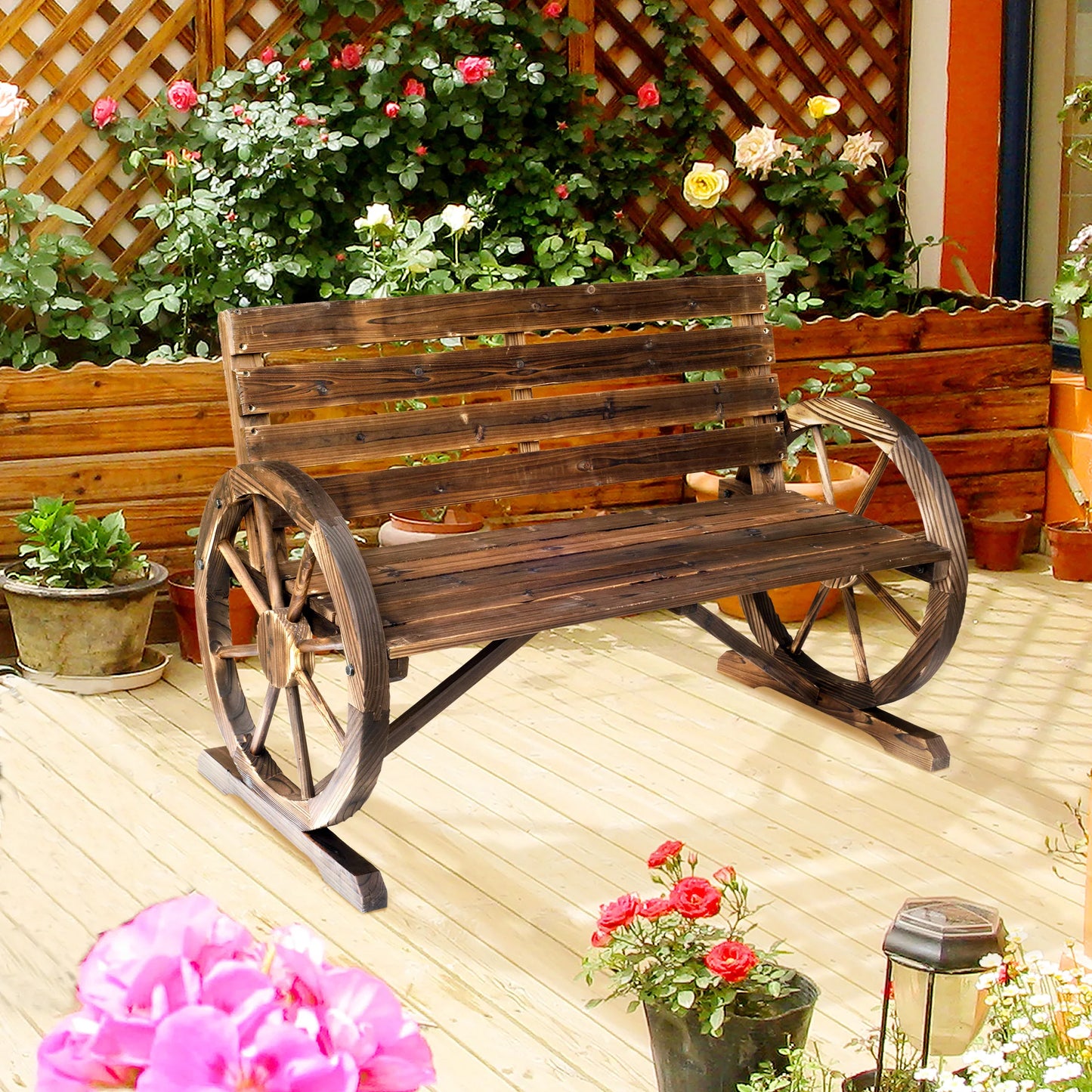 Outsunny Wagon Wheel Bench Wood Outdoor Garden Chair Loveseat