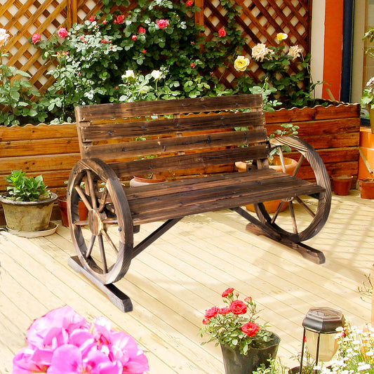 Outsunny Wagon Wheel Bench Wood Outdoor Garden Chair Loveseat