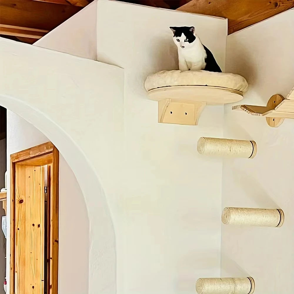Solid Wood Cat Wall Mount Climbing Ladder With Hammock And Scratching Post