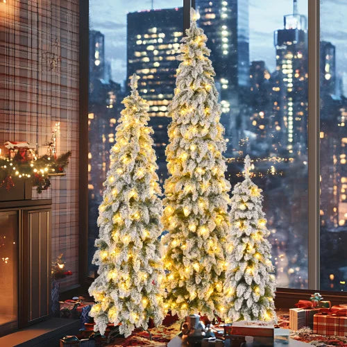 Slim Pencil Christmas Trees Set Of 3 Pre Lit With Snow Flocking