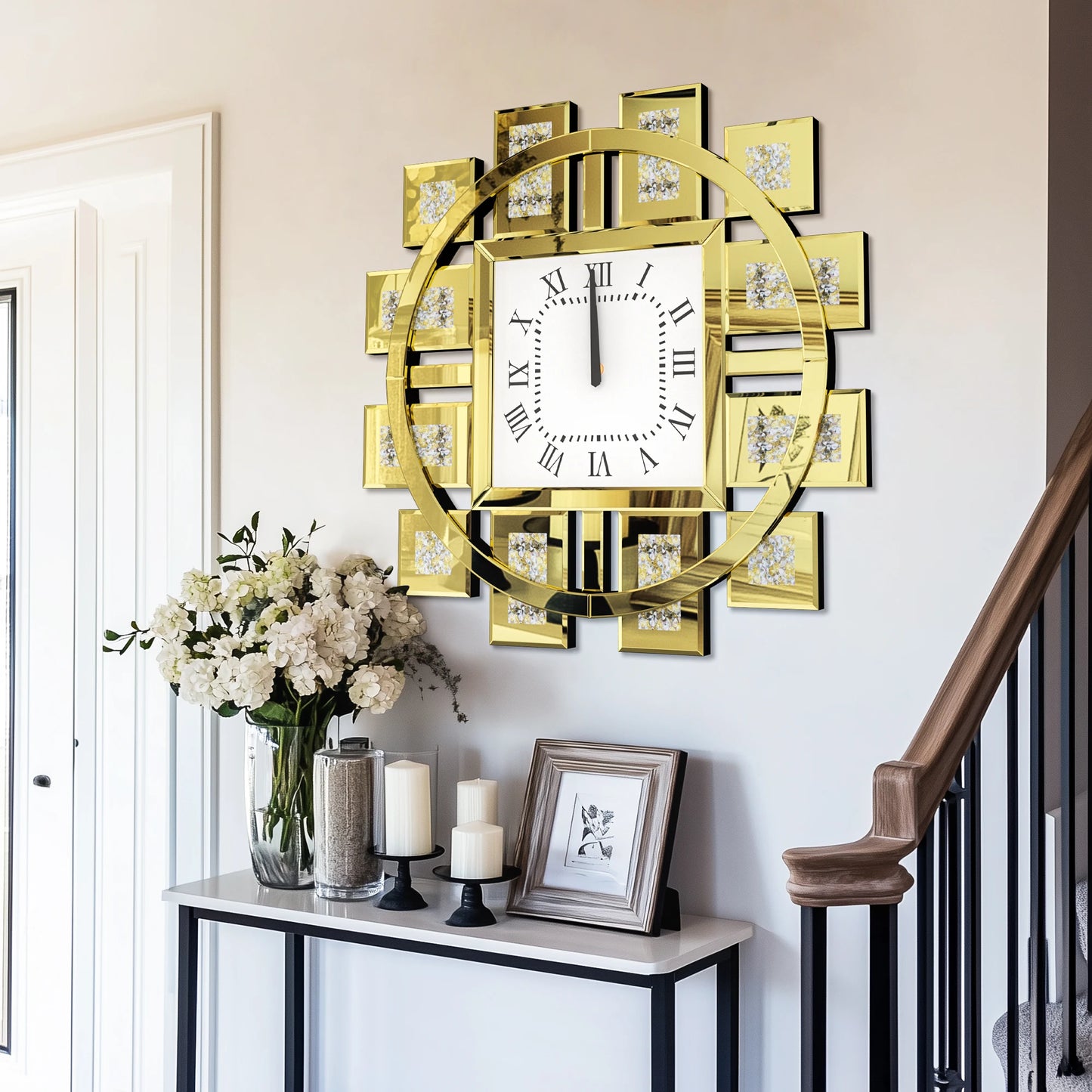 Irregular Diamond Mirrored Wall Clock Quartz Movement Roman Numerals