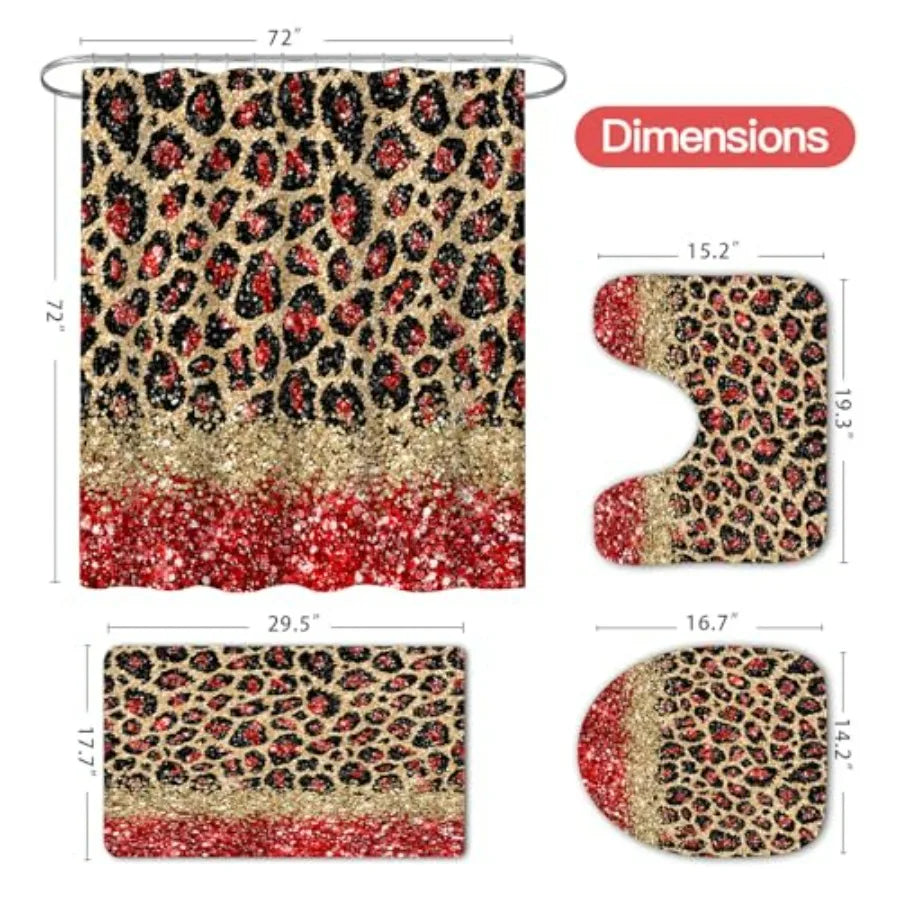 Leopard Print Shower Curtain Set With Non Slip Bath Mats