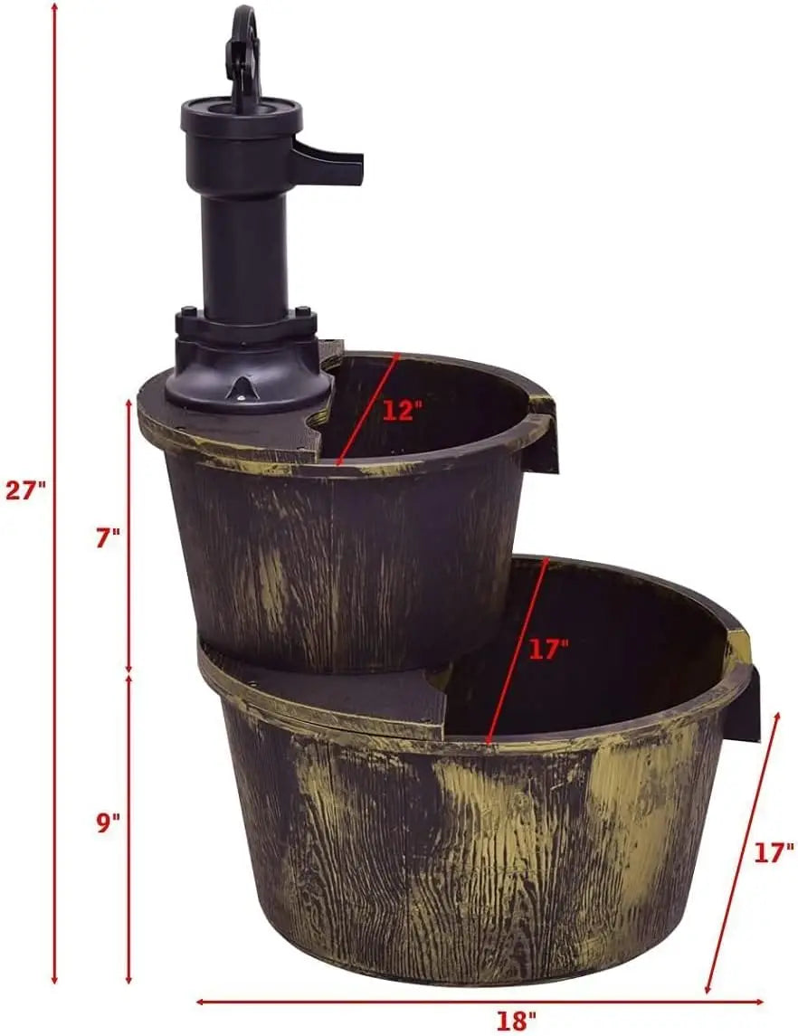 Rustic 2-Tier Outdoor Fountain With Hand Pump For Garden Decor
