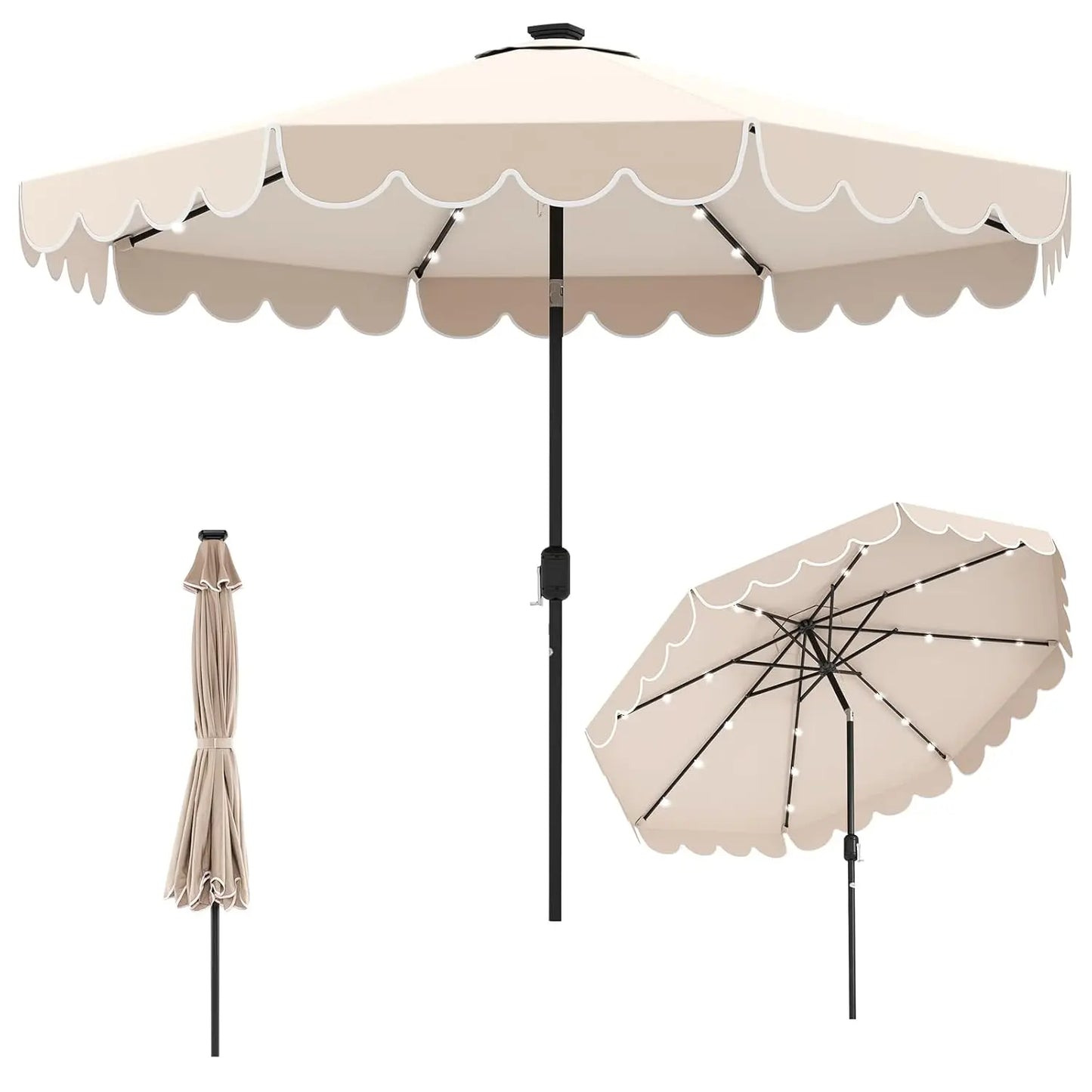 Solar LED Patio Umbrella With 24 Lights Two Tier Scalloped Vented