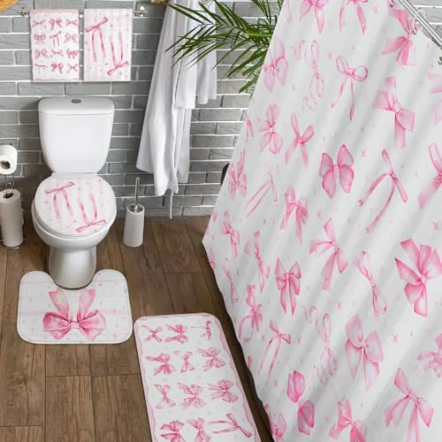 8 Piece Bow Shower Curtain Set for Bathroom Decor and Accessories