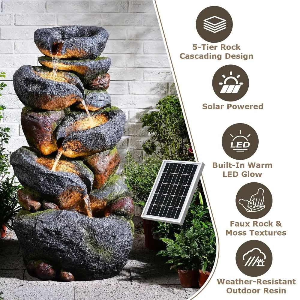 5-Tier Rock Solar Water Fountain For Outdoor Garden Decoration