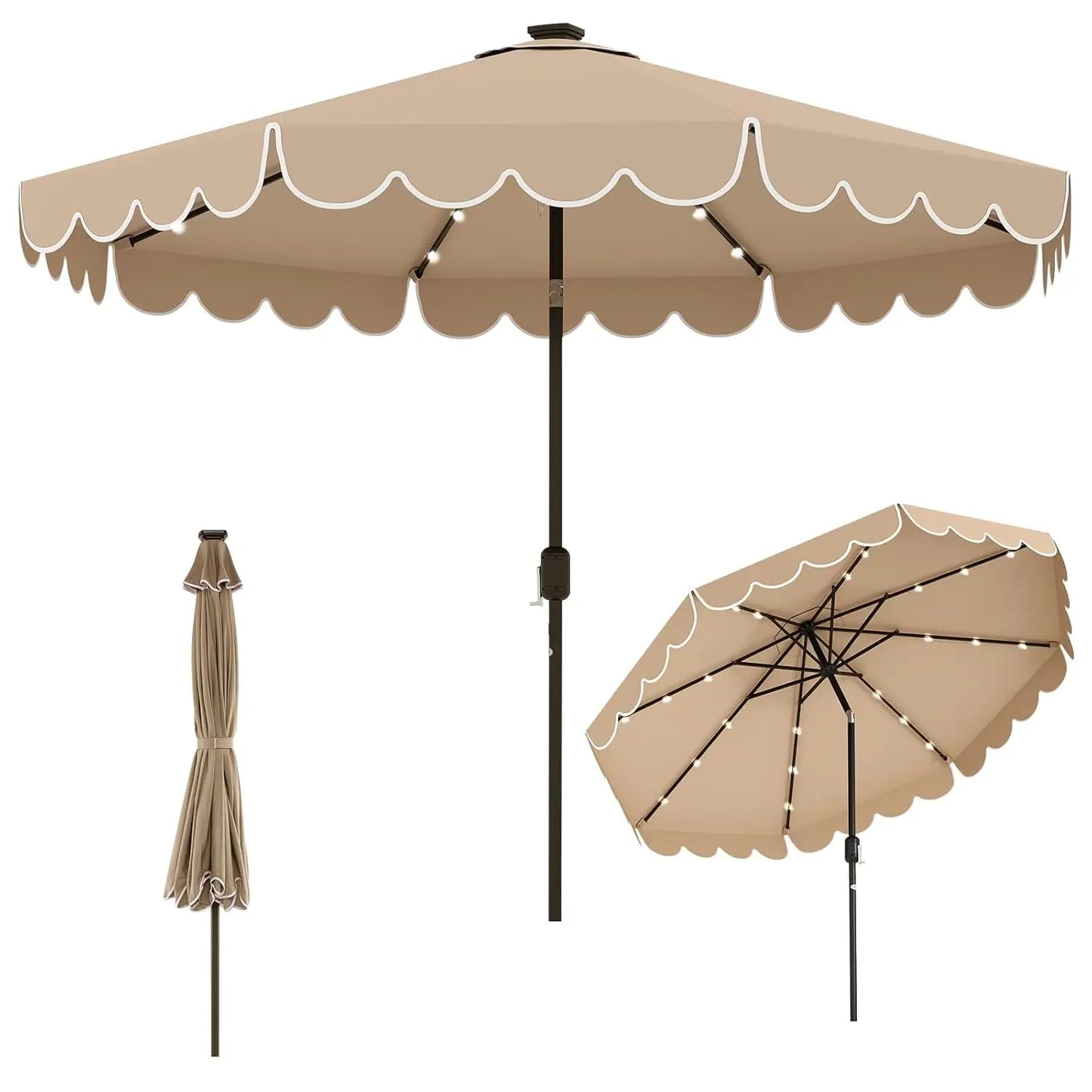 Solar LED Patio Umbrella With 24 Lights Two Tier Scalloped Vented