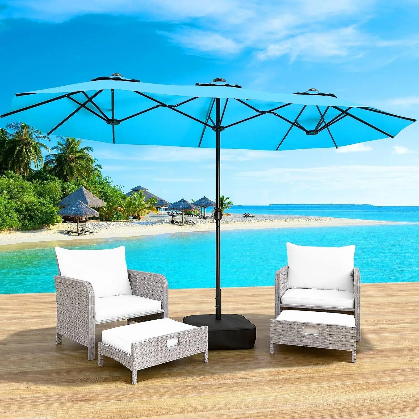 Patio Umbrella With Base And Solar LED Lights Double Sided