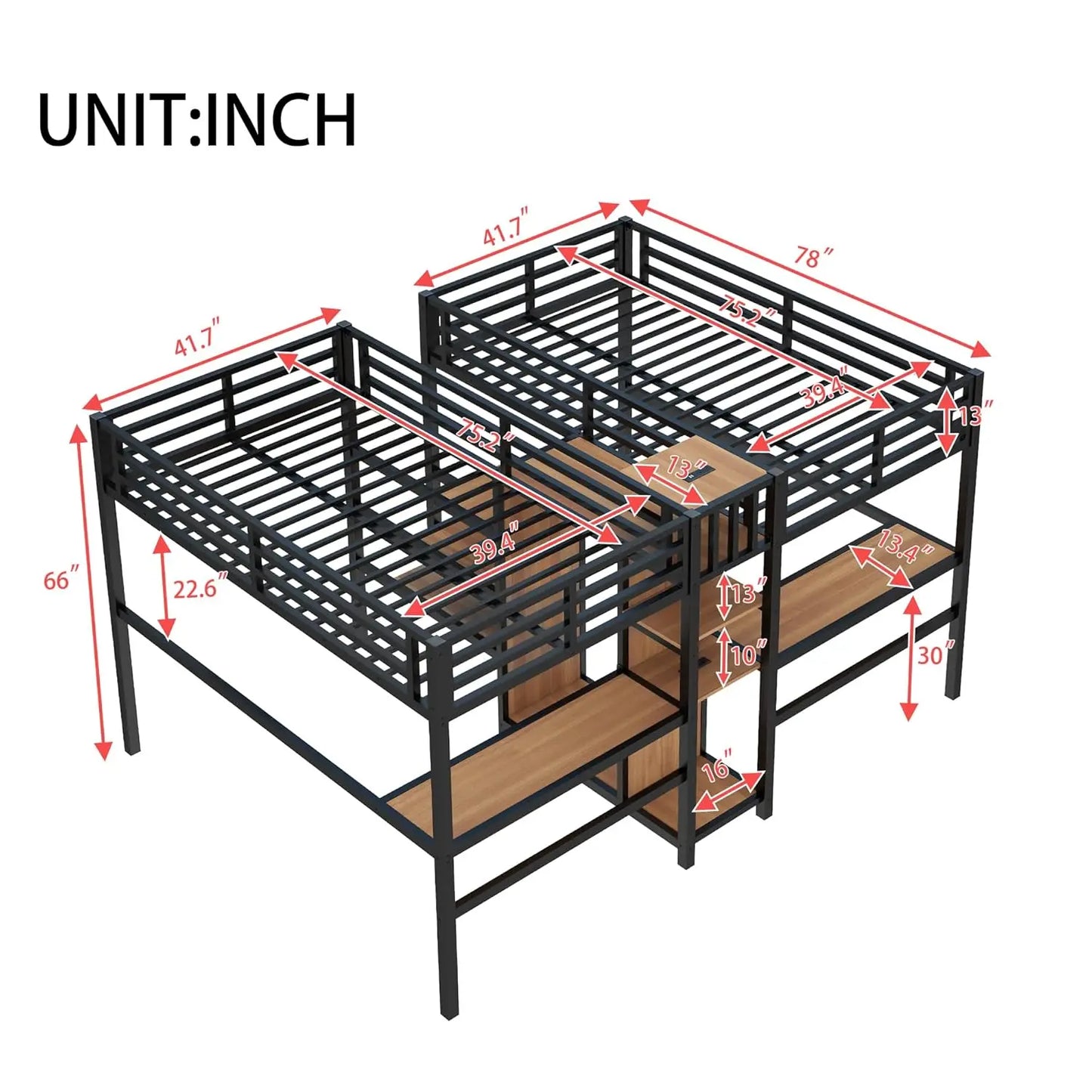 Double Loft Bed With Desk, Storage, Charging Station, Metal Frame