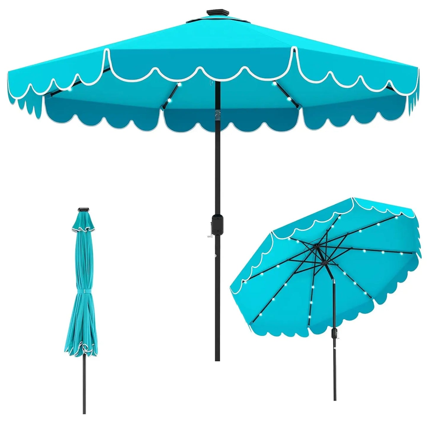 Solar LED Patio Umbrella With 24 Lights Two Tier Scalloped Vented