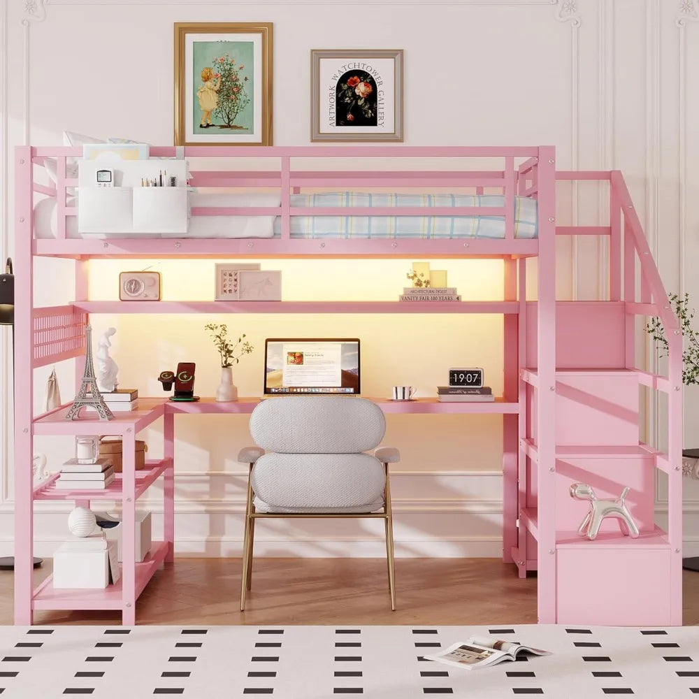 Loft Bed With Stairs And Desk Storage And Charging Station