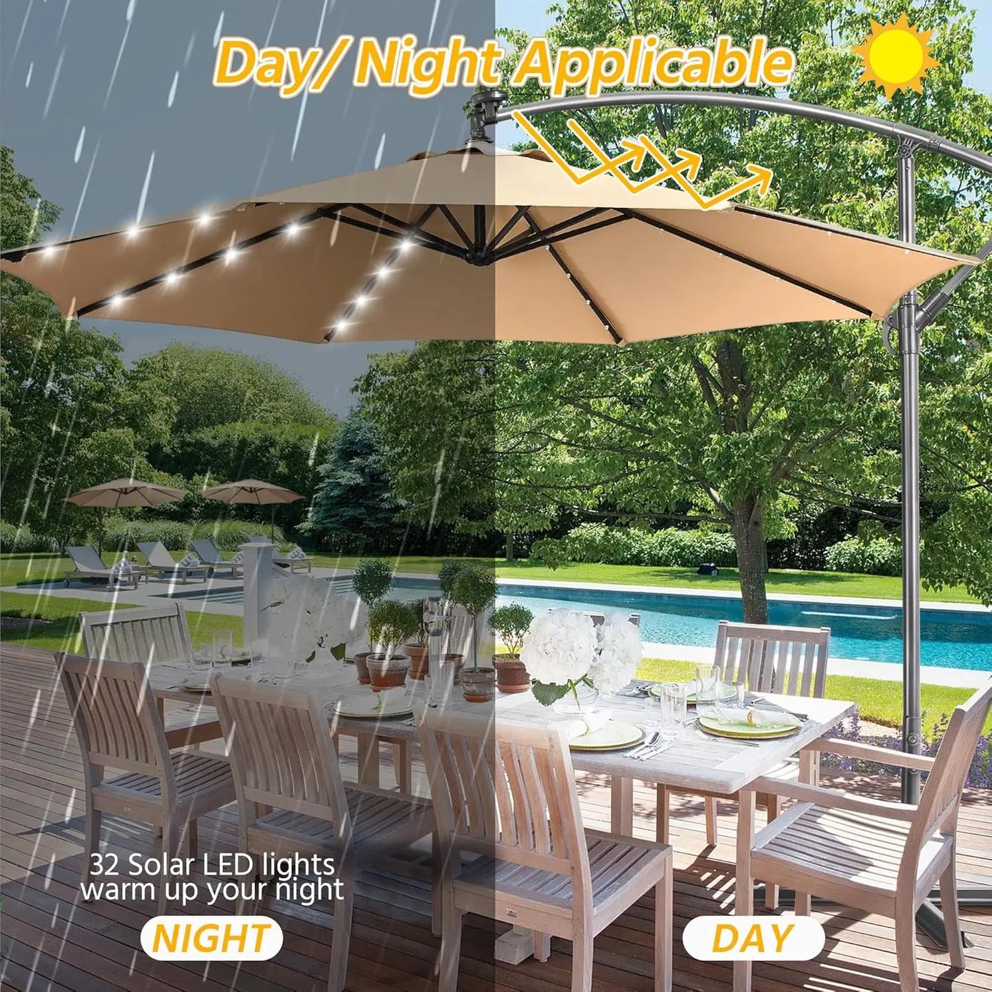 Solar Offset Cantilever Umbrella With 32 LED Lights Outdoor Patio