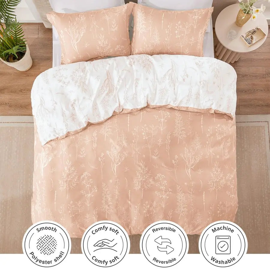 Comforter Set 3 Pieces Floral Bedding Soft Reversible