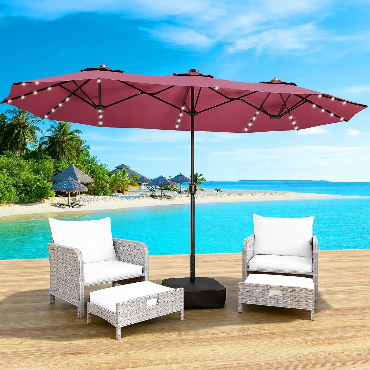 Patio Umbrella With Base And Solar LED Lights Double Sided