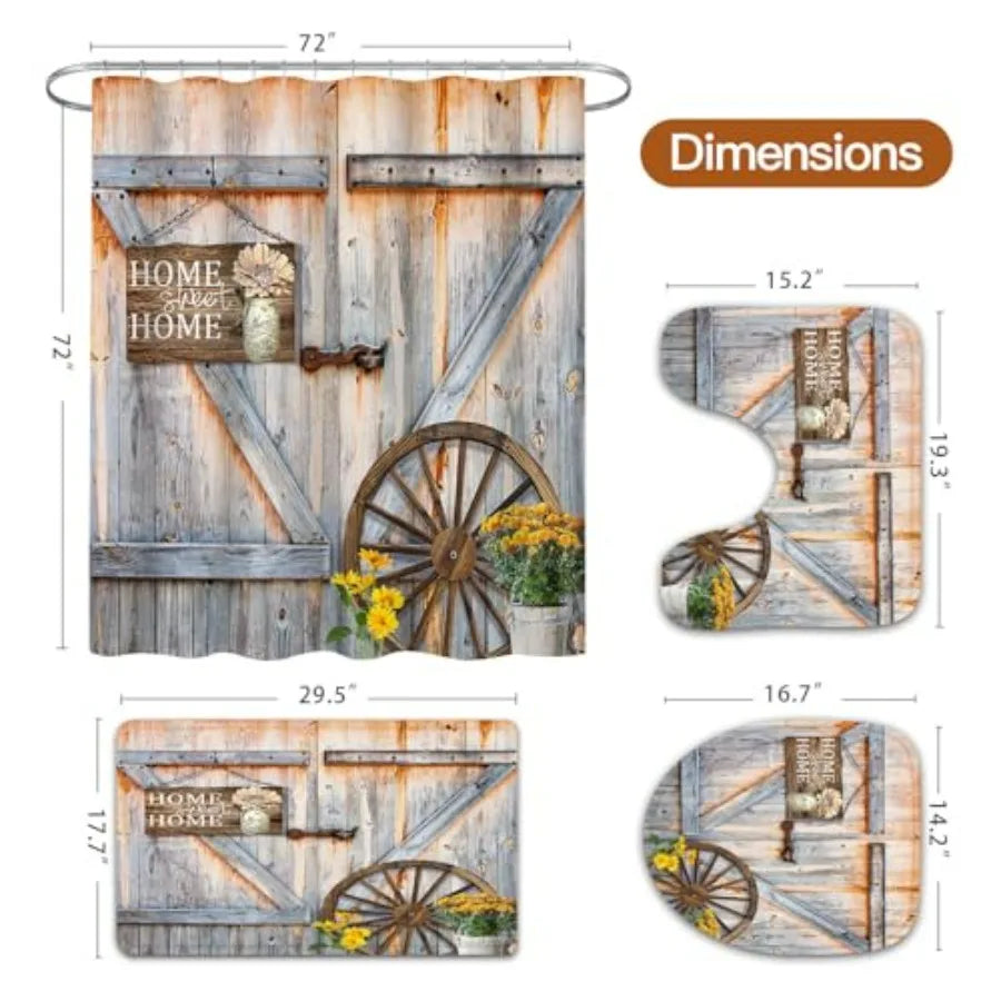 Rustic Farmhouse Shower Curtain Set With Bath Mat And Rugs