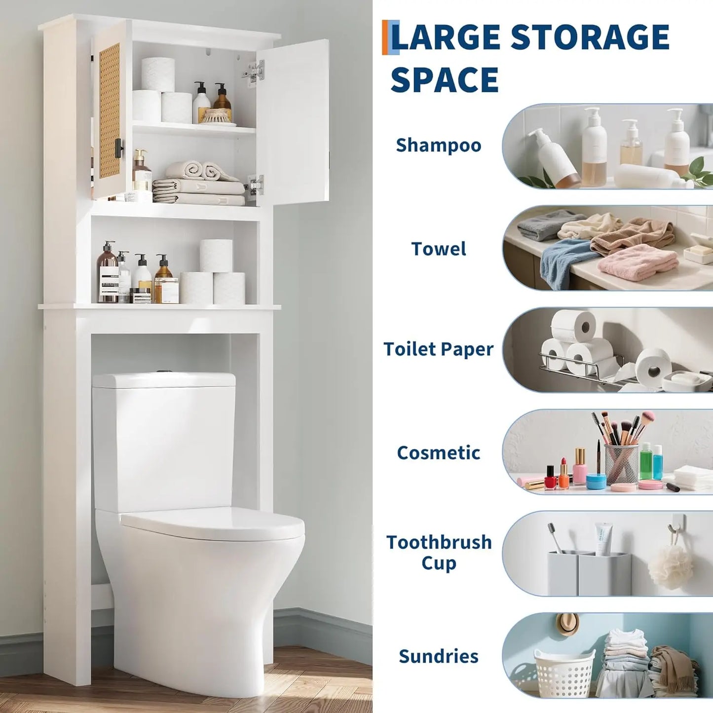 Over Toilet Storage Cabinet Natural Rattan Doors Adjustable Shelf