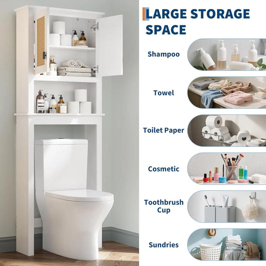 Over Toilet Storage Cabinet Natural Rattan Doors Adjustable Shelf
