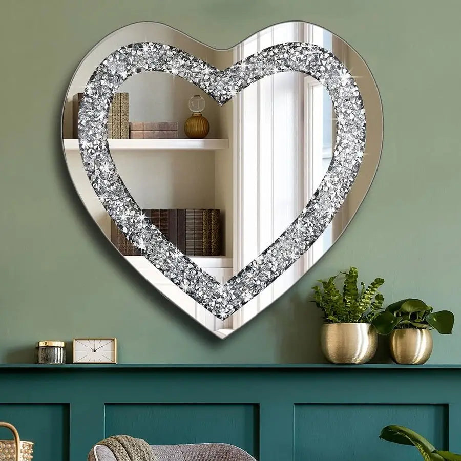 Crystal Crush Diamond Heart Shaped Frameless Silver Wall Mirror