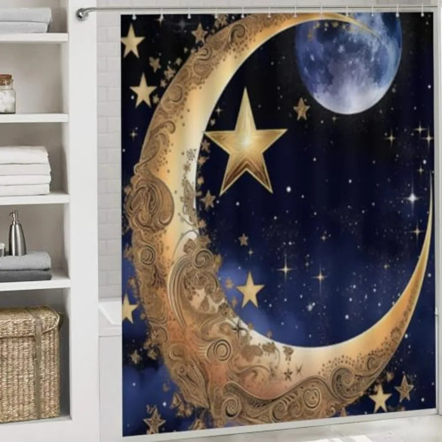 Moon Star Design Bathroom Curtain Set With Rugs