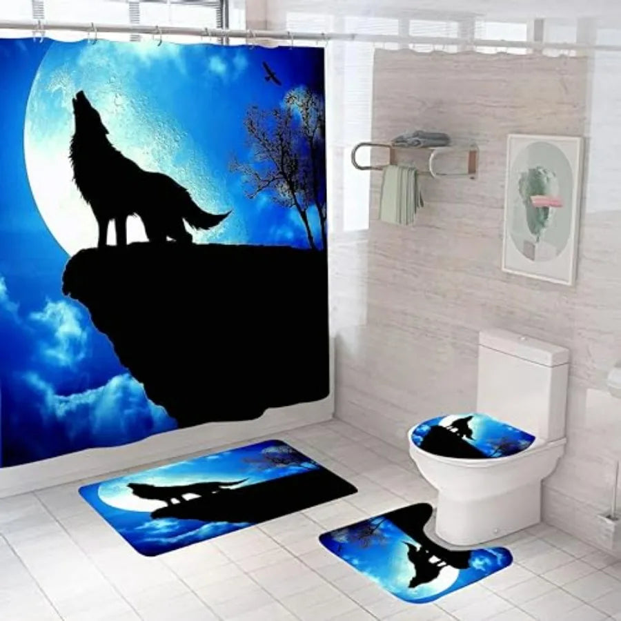 Wolves Wolf And Moon 4Piece Bathroom Set Shower Curtain Rug
