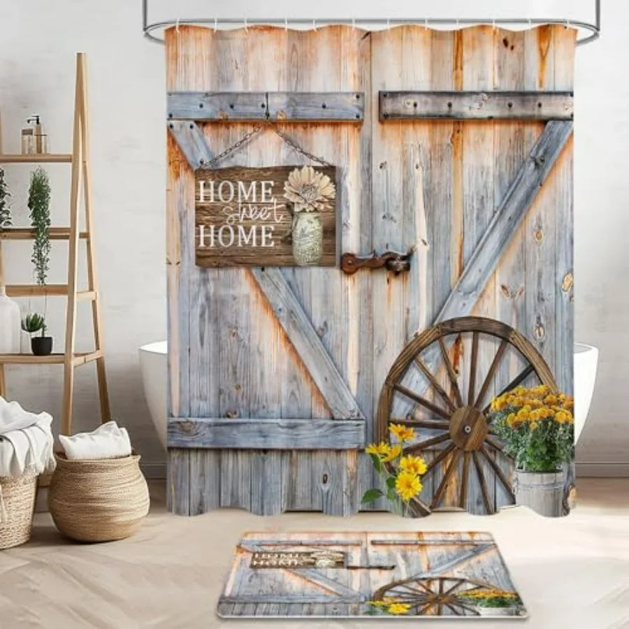 Rustic Farmhouse Shower Curtain Set With Bath Mat And Rugs