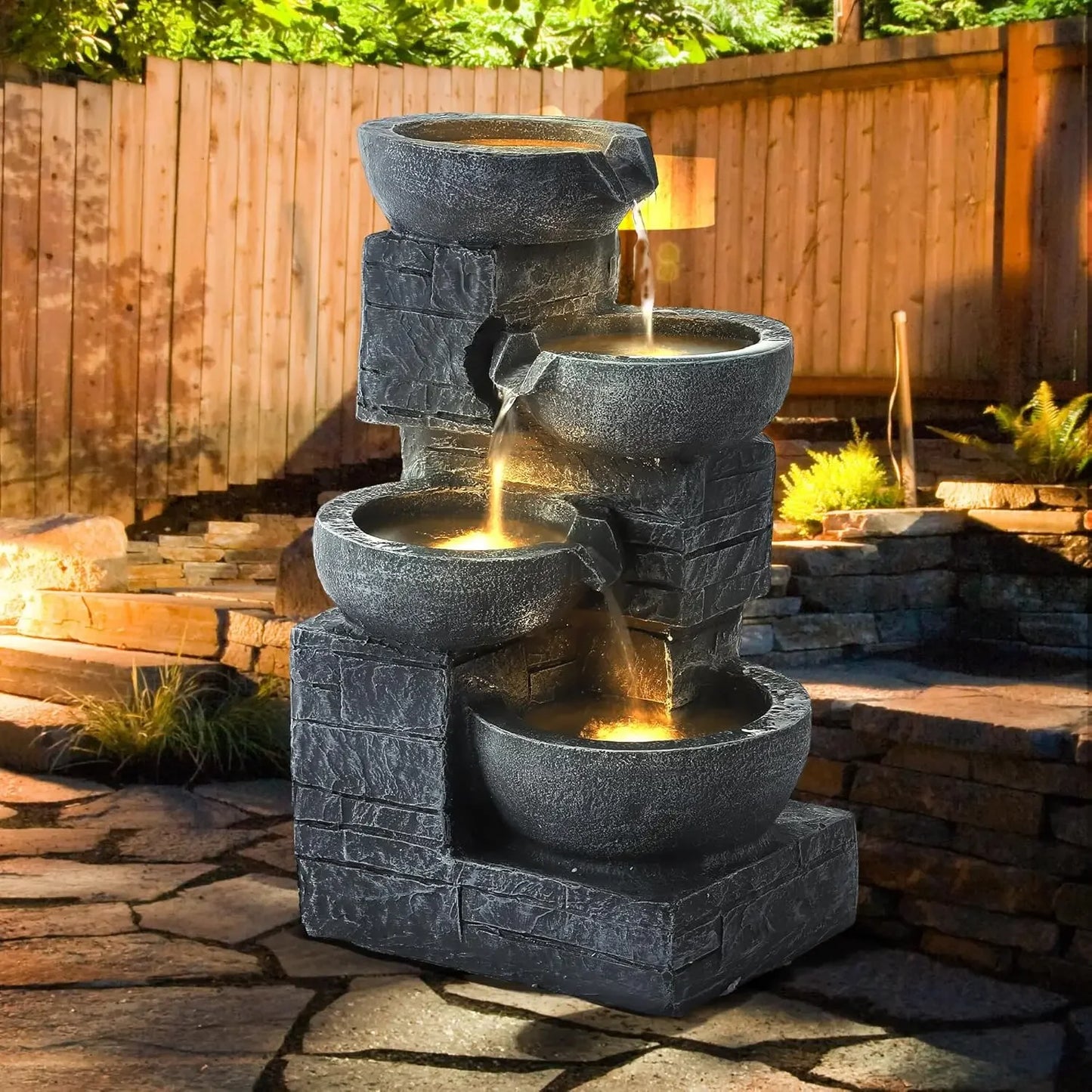 Outdoor Cascading Bowls 4-Tier Water Fountain With LED Lights
