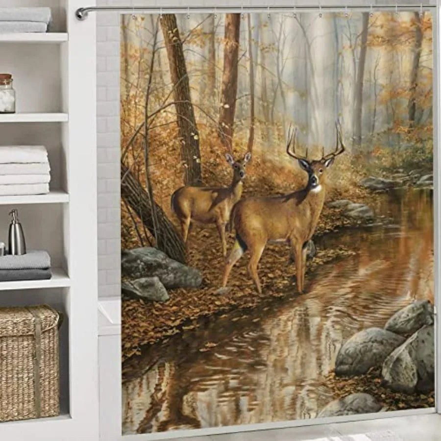 Rustic Cabin Wildlife Shower Curtain Set With Non Slip Rugs