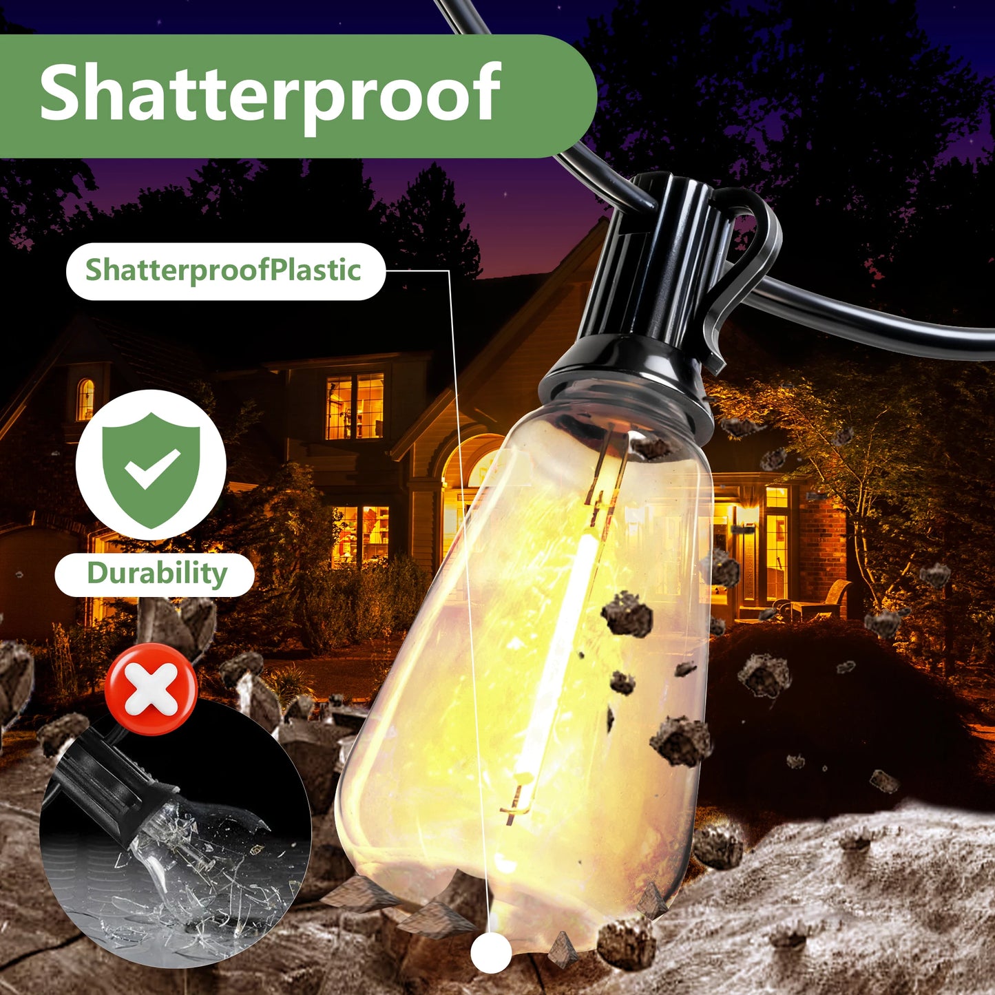 ARLGSITE Solar Outdoor String Lights IP65 Waterproof Replaceable Bulbs