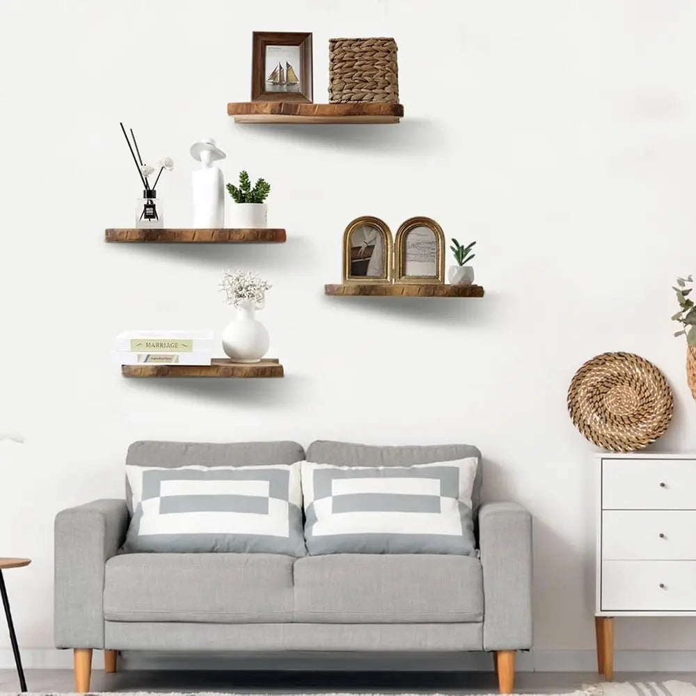 Floating Live Edge Wood Wall Shelves, 4-Piece Set, Wall Mount