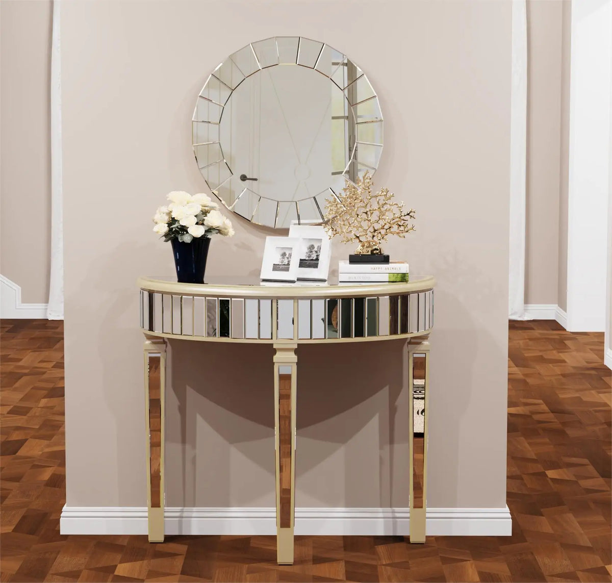 Ornate Mirrored Half Moon Console Table For Entryway Living Room