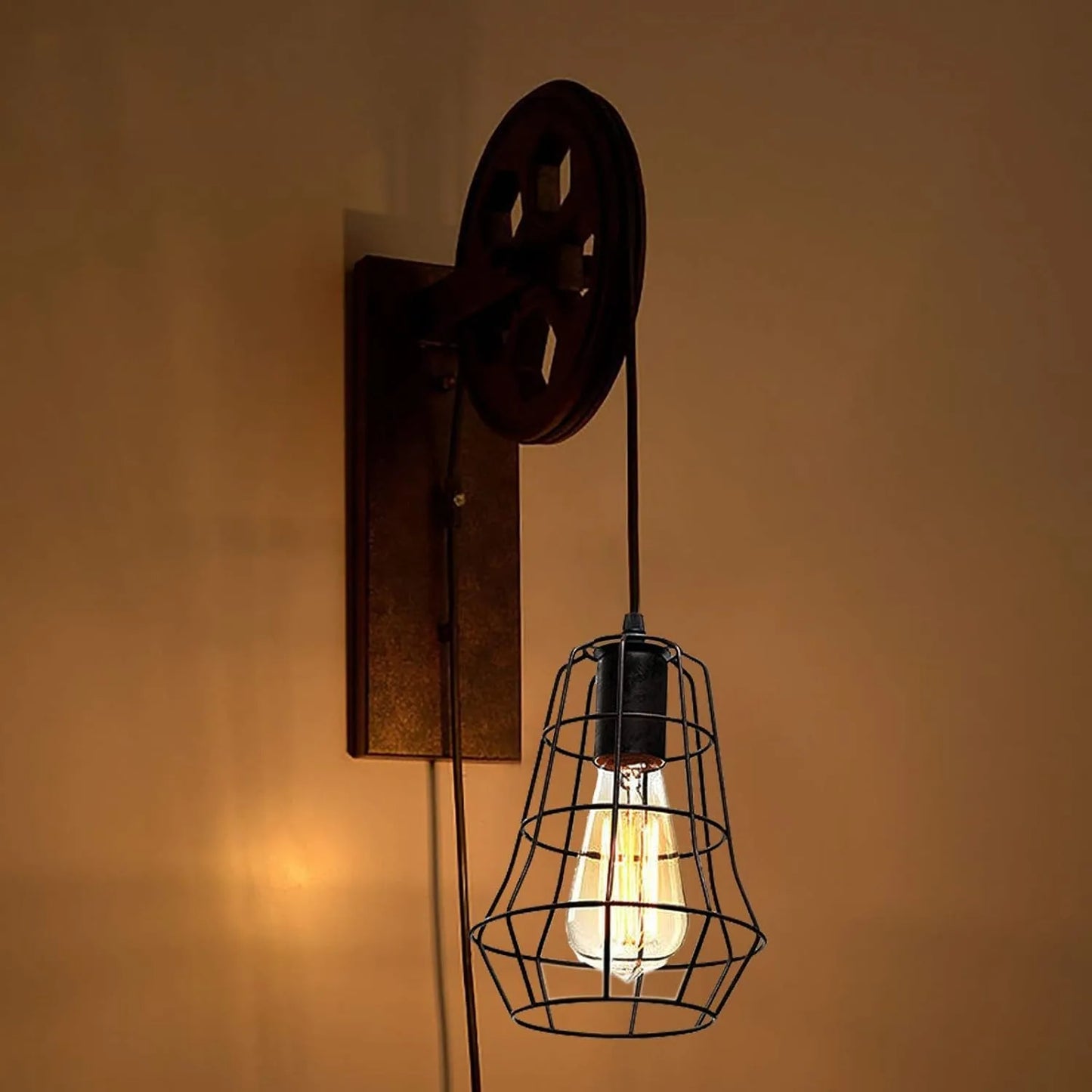Bymaocar Industrial Wall Sconce Lift Pulley Iron Cage Lamp