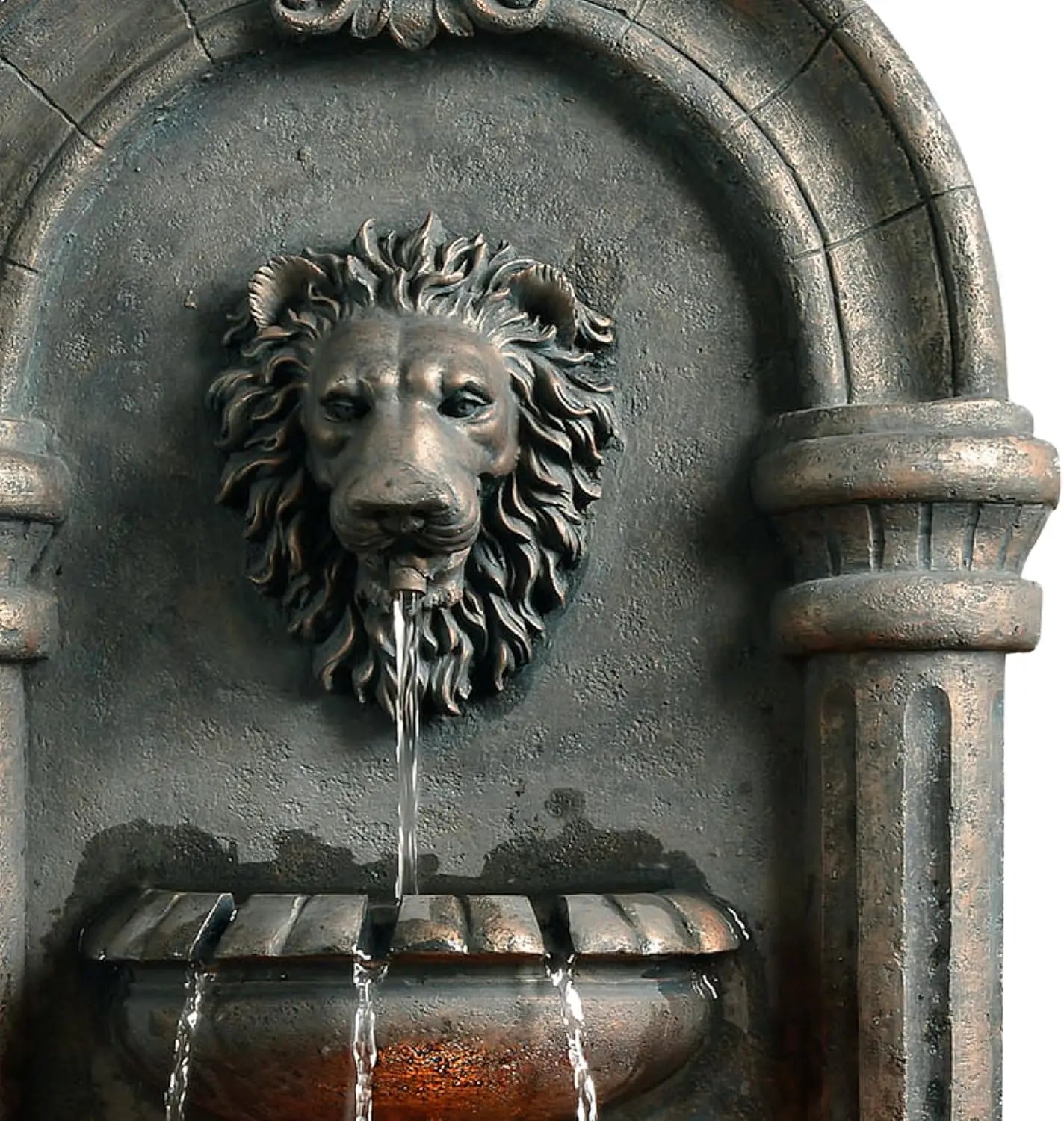 Antique Bronze Wall Mounted Lion Head LED Outdoor Water Fountain