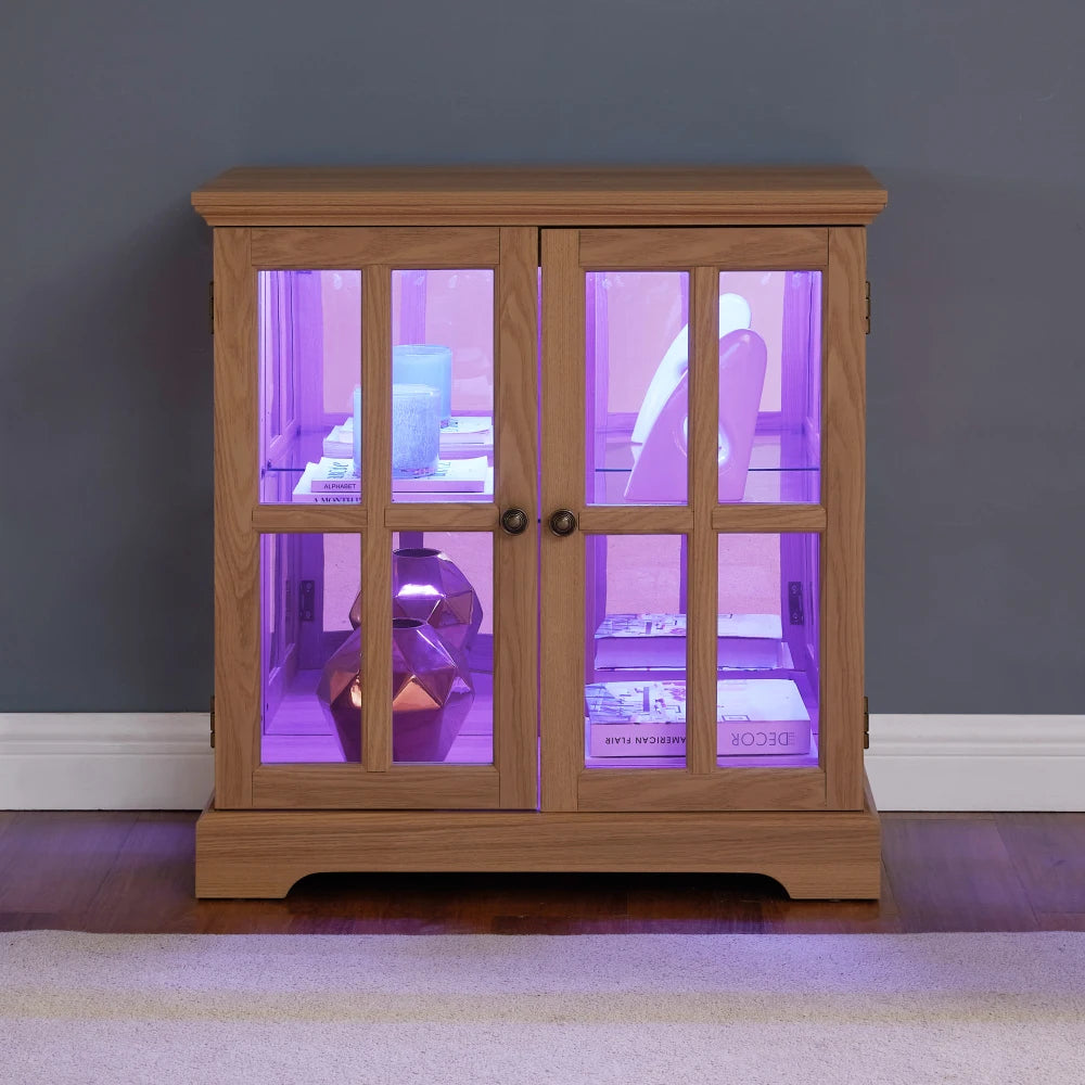 LED Curio Display Cabinet With Adjustable Shelves And Lattice Doors