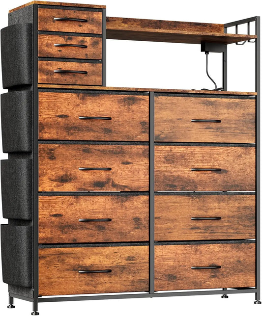 Storage Dresser With Fabric Drawers, Charging Station, LED Lights