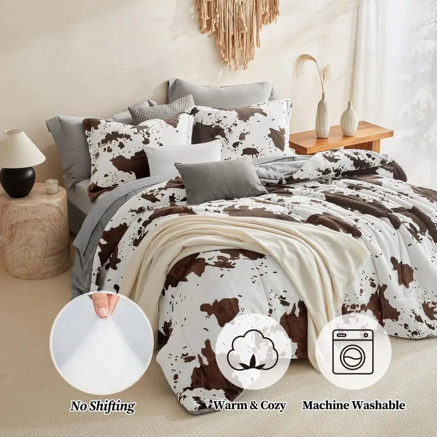 Velvet Flannel Comforter Set Cow Print Western Bedding