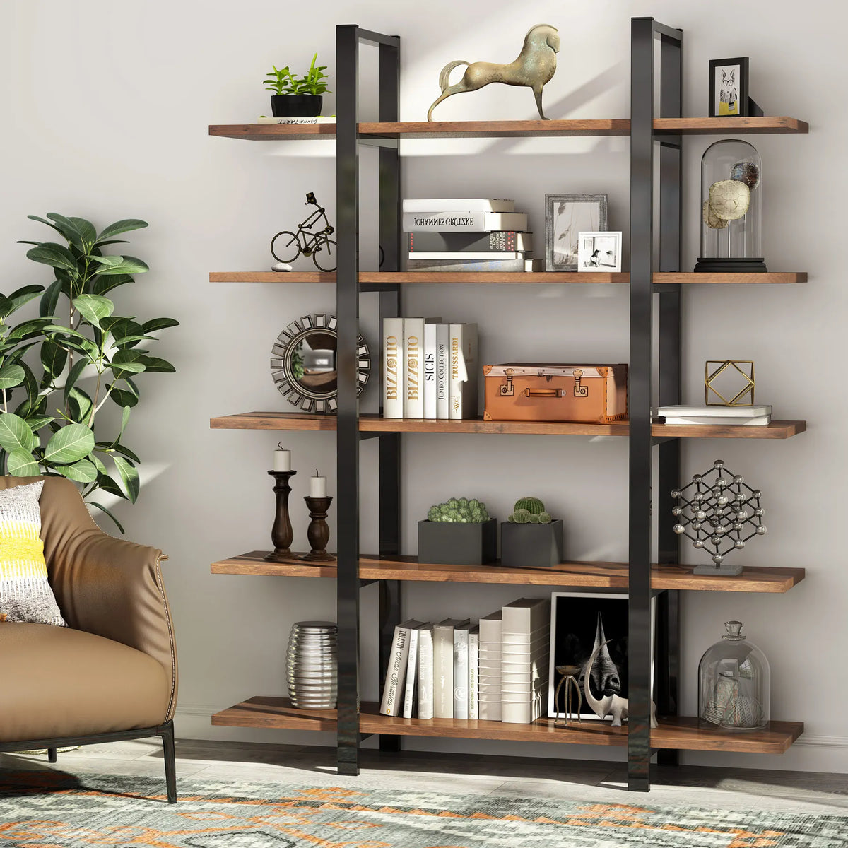 Tribesigns Industrial Bookshelf With Open Shelves And Metal Frame