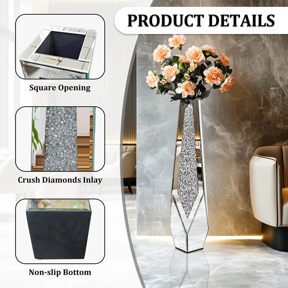 Crushed Diamond Mirrored Floor Vase Glass Crystal Stand